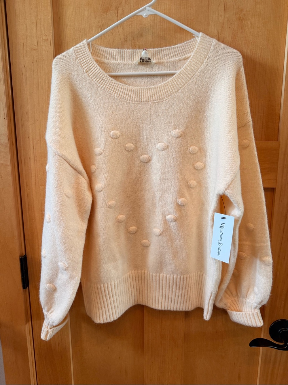 Umgee Cream Crewneck Sweater with Pom-Pom Heart Detail